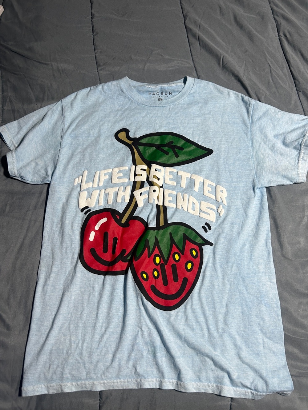 PacSun Light Blue Graphic Tee with Red Strawberry & Cherry